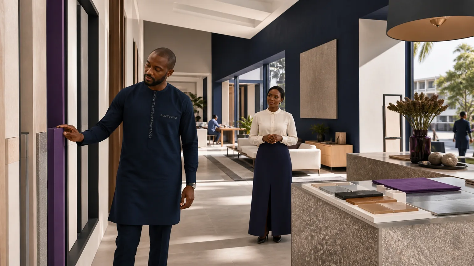 Client découvrant les étapes d’un showroom contemporain accompagné par une conseillère.