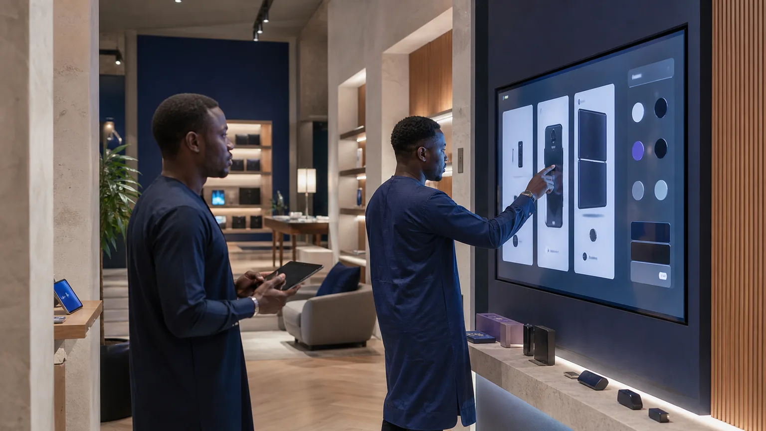 Client utilisant une installation interactive de showroom pendant qu’un responsable observe le parcours.