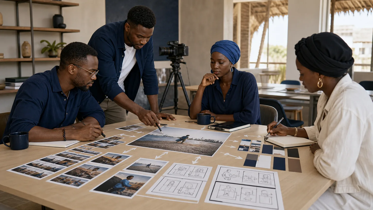 Équipe créative sénégalaise organisant une production centrale en plusieurs formats de contenu réutilisables.