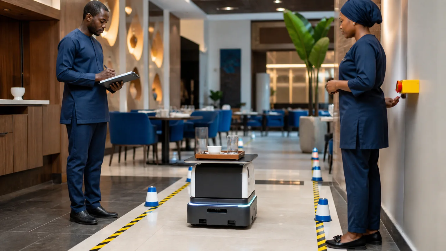 Équipe supervisant un robot de service dans une zone d’essai délimitée avec arrêt manuel accessible.