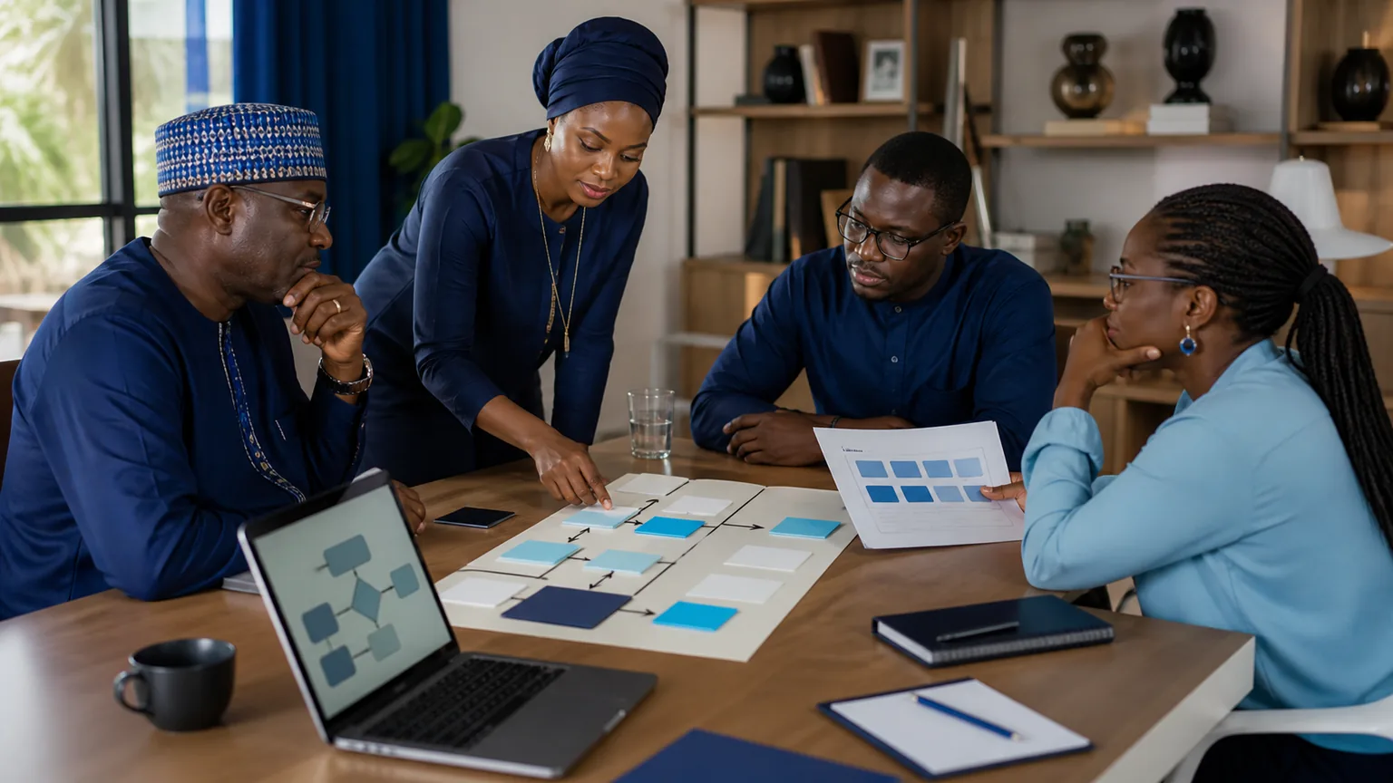 Dirigeants sénégalais cartographiant un processus d’automatisation avec des points de contrôle humain.