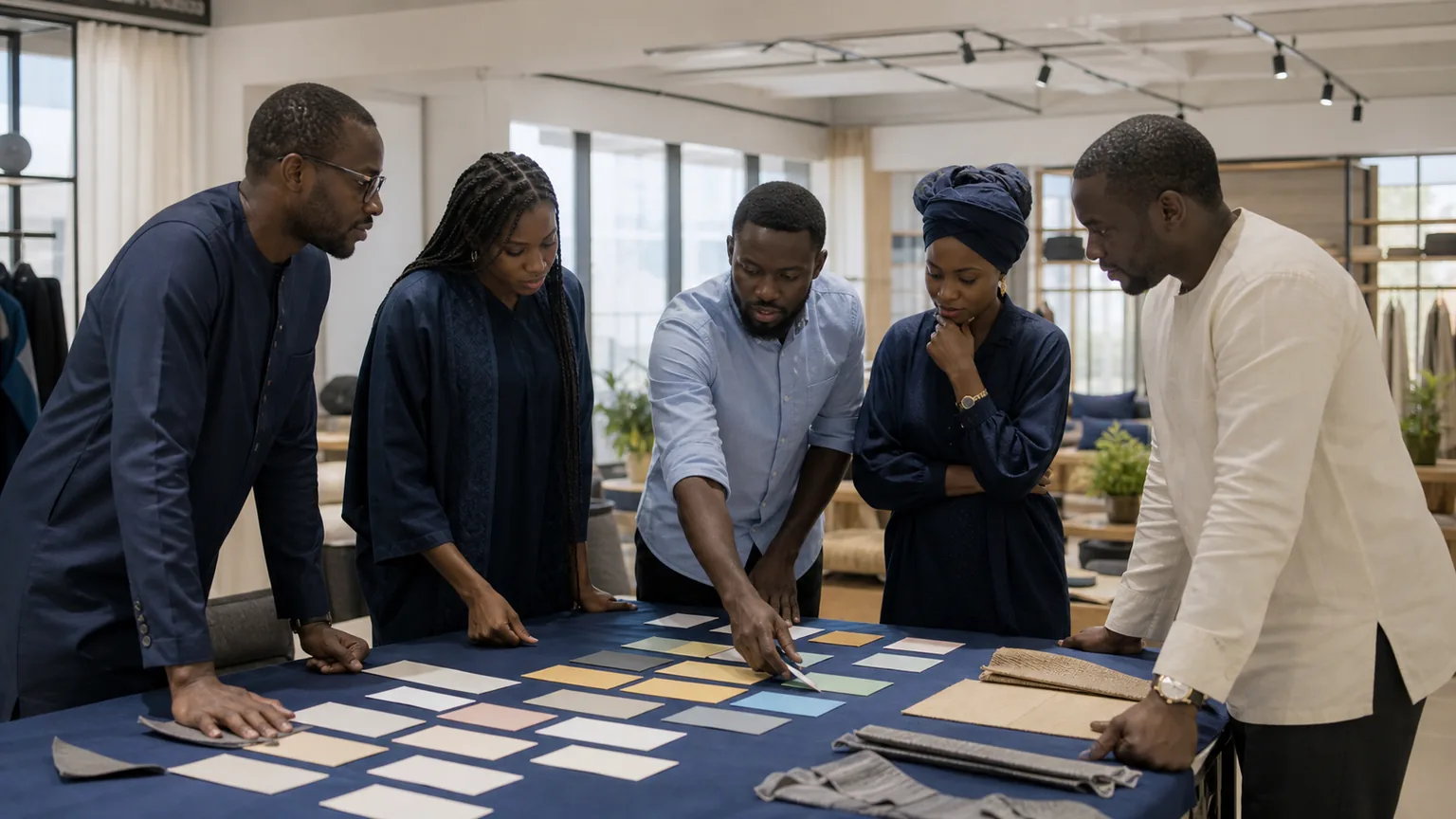 Équipe sénégalaise structurant un parcours client à partir de cartes et d’échantillons dans un showroom.