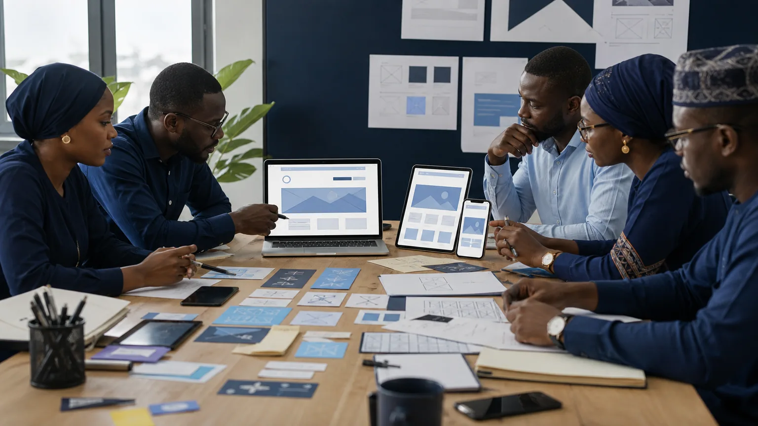 Équipe évaluant les parcours et les maquettes d’un site d’entreprise sur ordinateur, tablette et mobile.