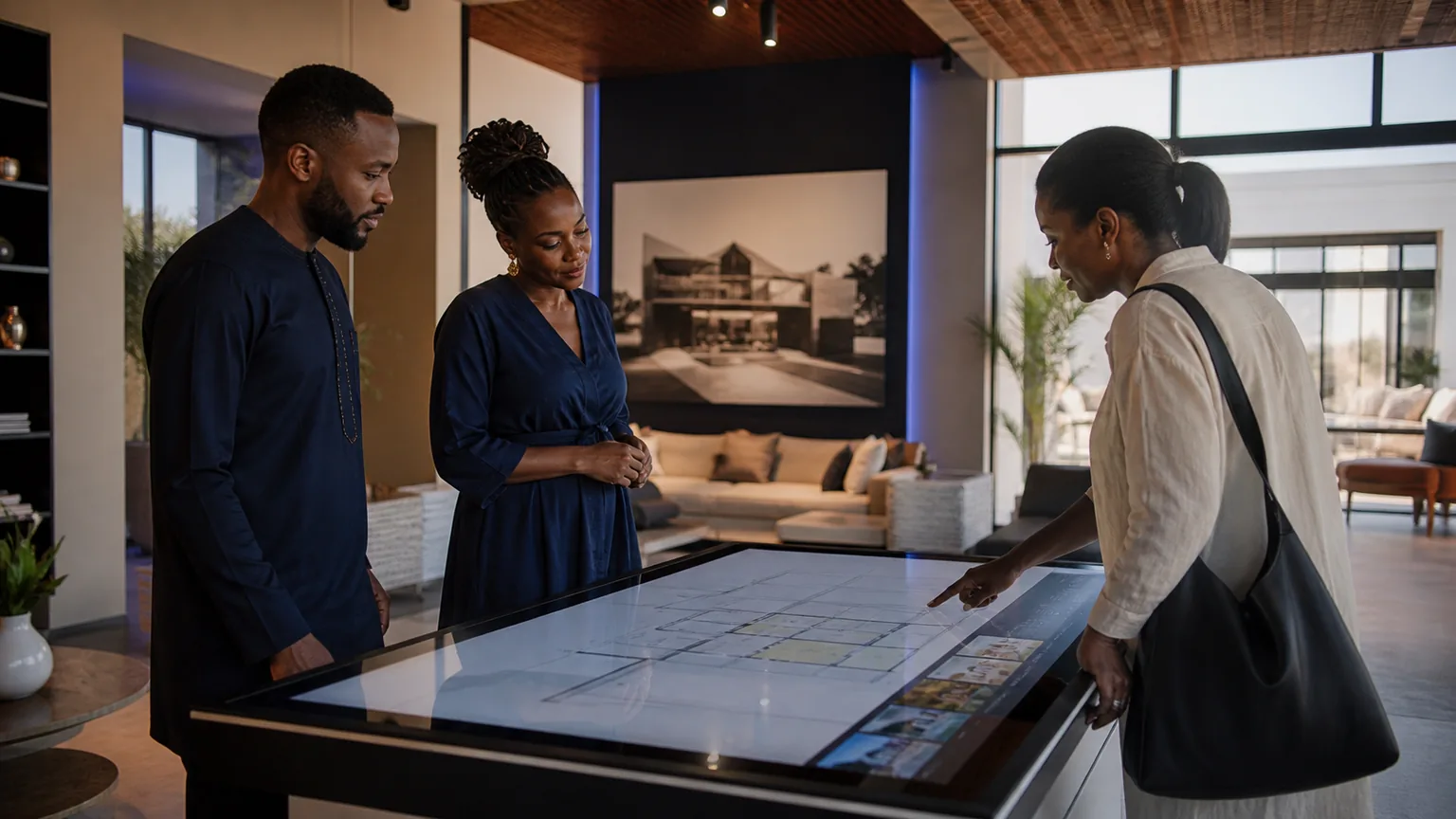 Visiteuse explorant un plan immobilier interactif pendant que l’équipe du showroom observe son parcours.