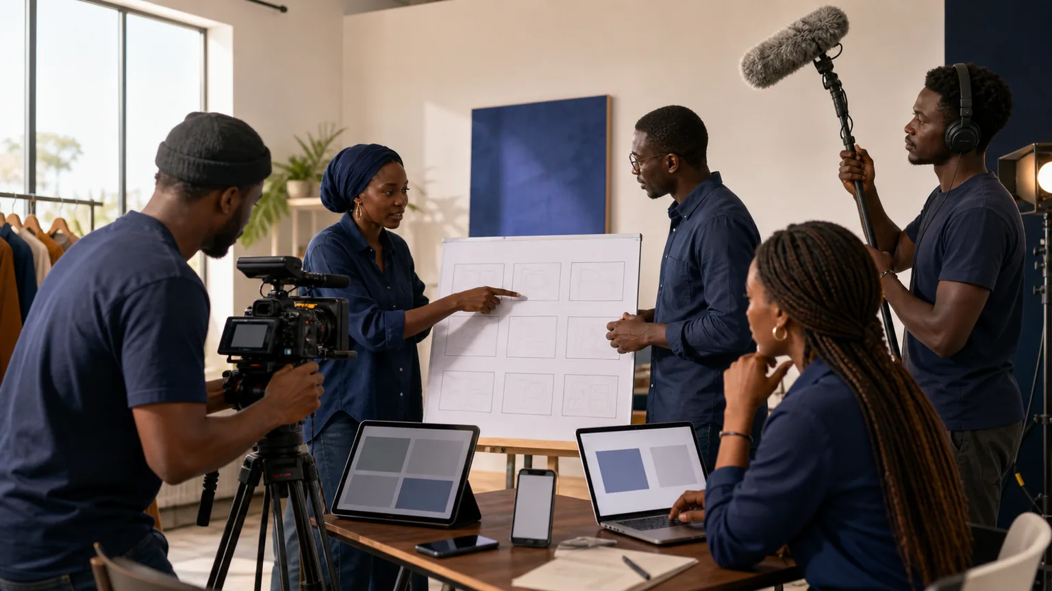 Équipe de production sénégalaise préparant un tournage à partir d’un storyboard et de plusieurs formats de contenu.