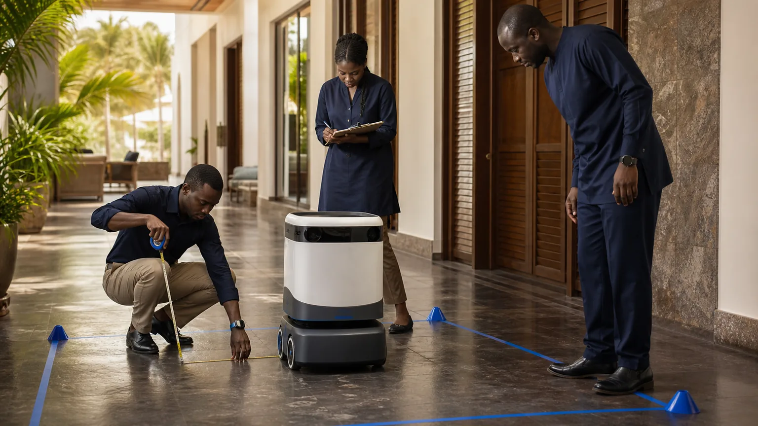 Équipe opérationnelle mesurant un parcours d’essai avant le déploiement d’un robot de service.