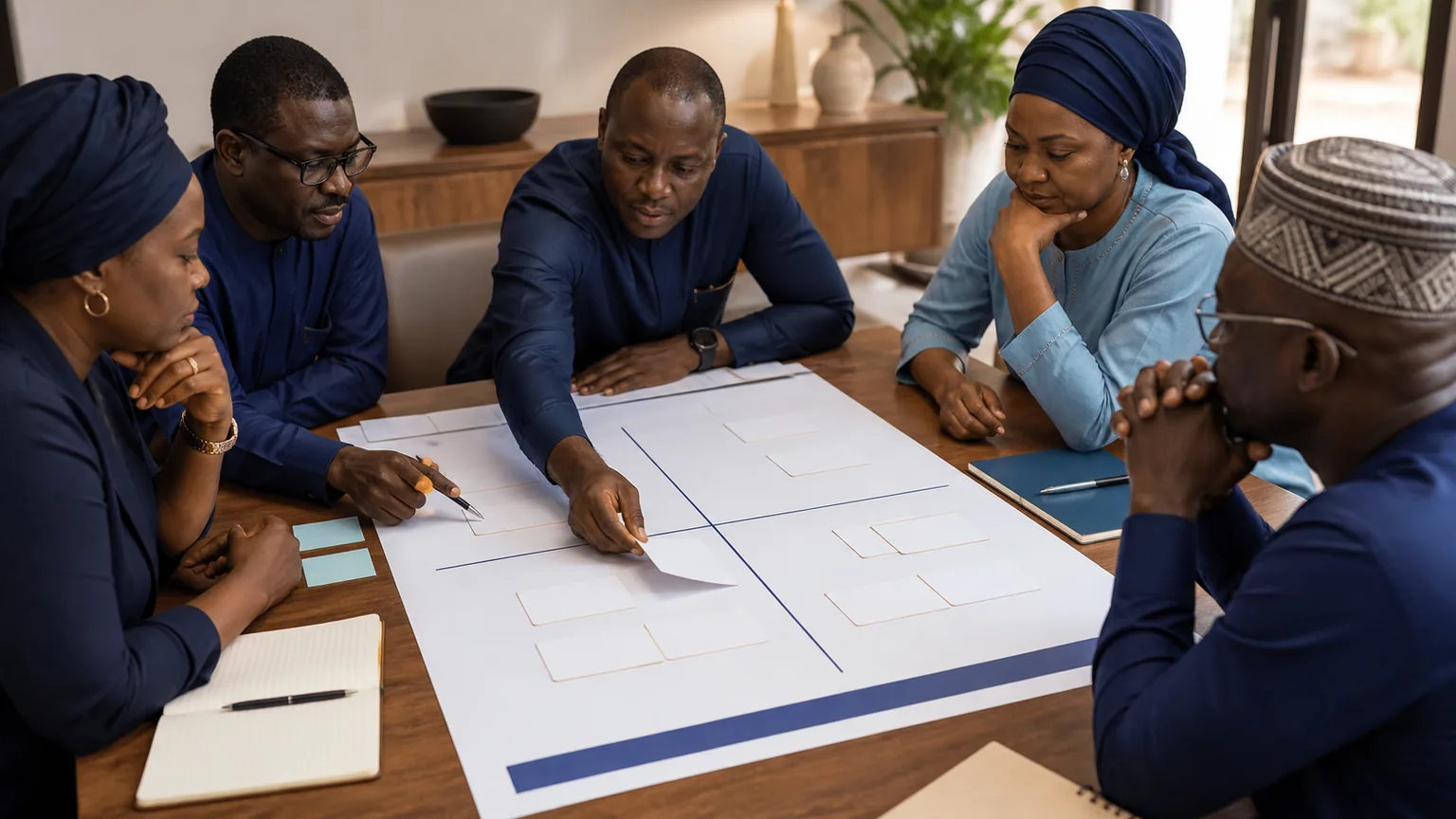 Équipe de direction classant des initiatives sur une matrice de priorisation de la transformation.