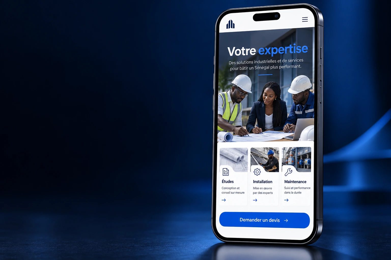 Smartphone présentant un exemple de site web pour une entreprise de services