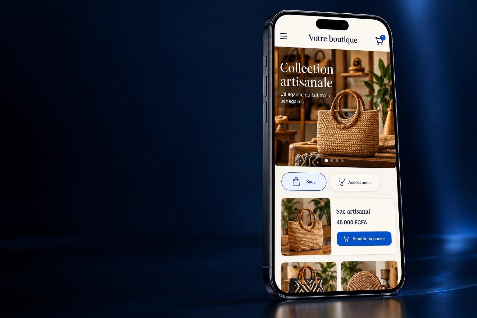 Smartphone présentant un exemple de boutique de produits artisanaux