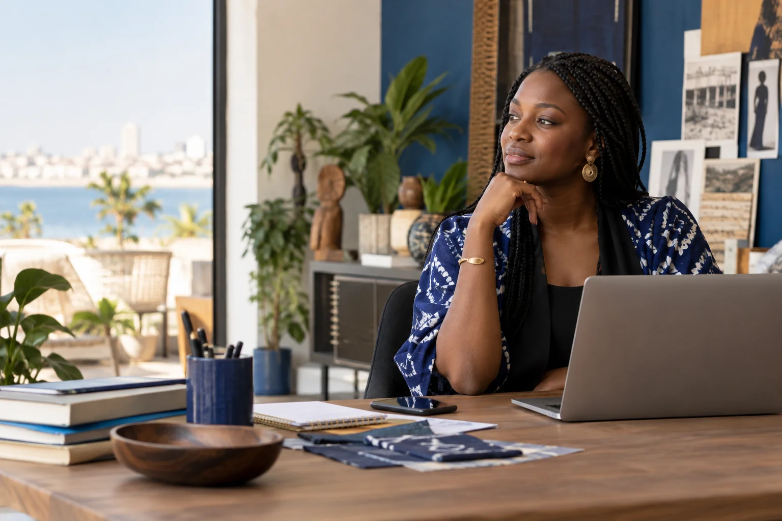 Illustration d’une entrepreneuse sénégalaise dans son espace de travail